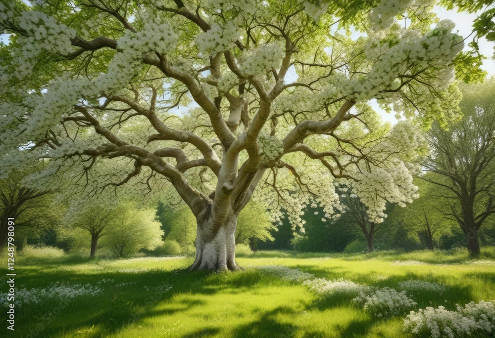 Scenic view of white horse chestnut tree in spring with surrounding greenery, greenery, natural setting, countryside view, towering Scenic view of white horse chestnut tree in spring with surrounding greenery, greenery, natural setting, countryside view, towering