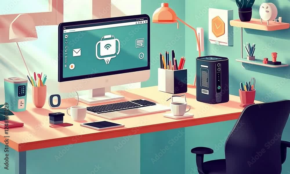 Modern workspace with a computer, coffee, and stationery, showcasing productivity and organization Modern workspace with a computer, coffee, and stationery, showcasing productivity and organization