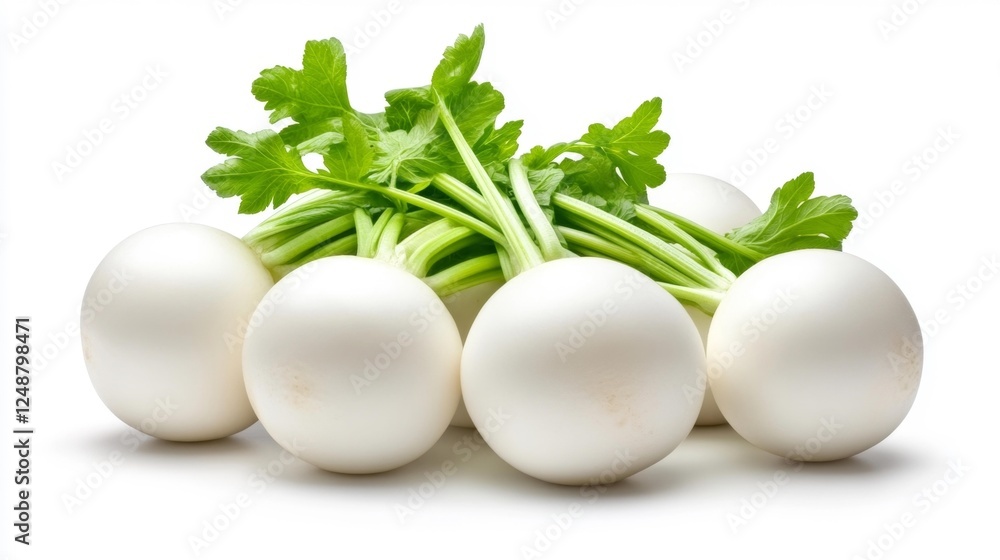 Fresh White Turnips with Green Tops on White Background. Generative AI Fresh White Turnips with Green Tops on White Background. Generative AI
