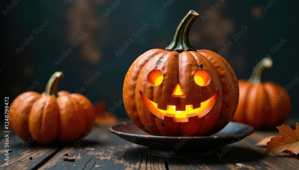 Rusted metal candle holder with glowing jack-o-lantern, spooky, pumpkins, atmosphere Rusted metal candle holder with glowing jack-o-lantern, spooky, pumpkins, atmosphere