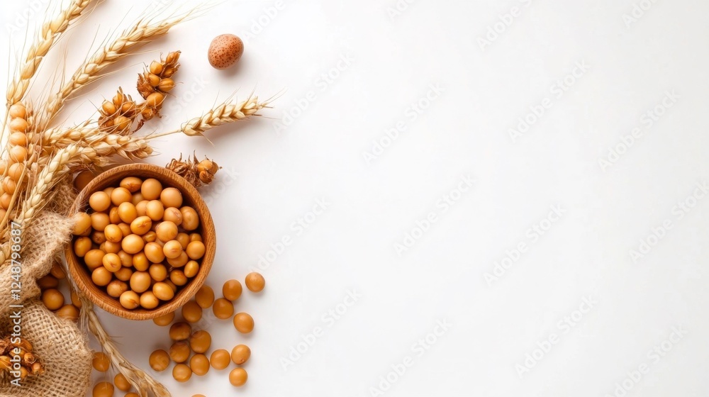 Golden Soybeans and Wheat on White Background. Generative AI Golden Soybeans and Wheat on White Background. Generative AI