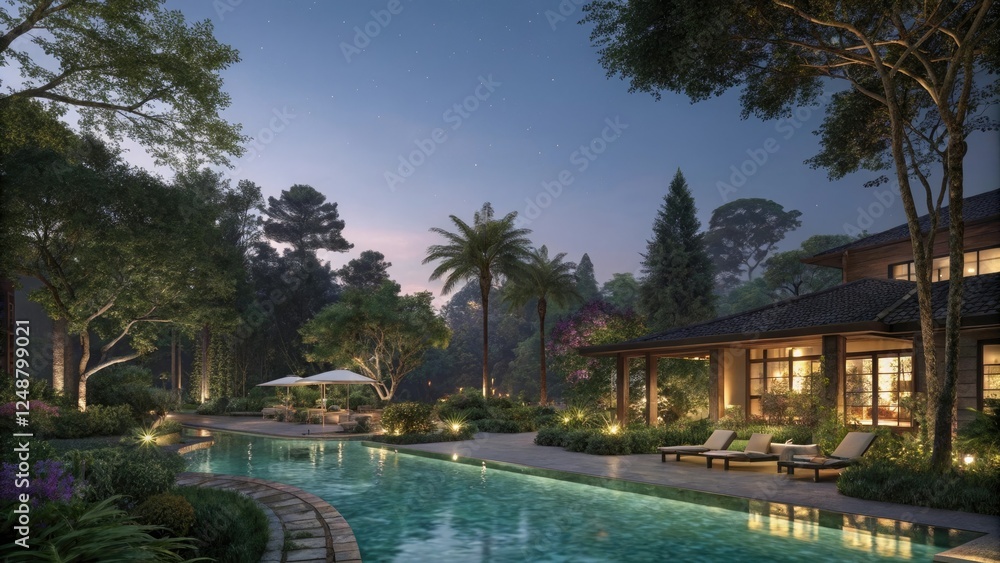 Resort pool surrounded by lush greenery and trees at night, secluded, nighttime Resort pool surrounded by lush greenery and trees at night, secluded, nighttime