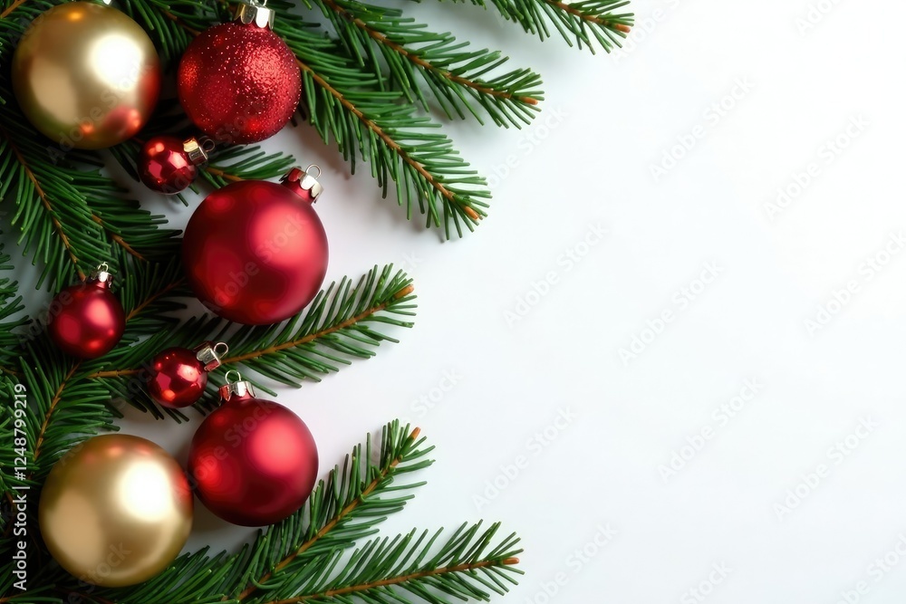 Red gold ornaments and pine branches on white background, festive colors, holiday decor, Christmas decoration Red gold ornaments and pine branches on white background, festive colors, holiday decor, Christmas decoration