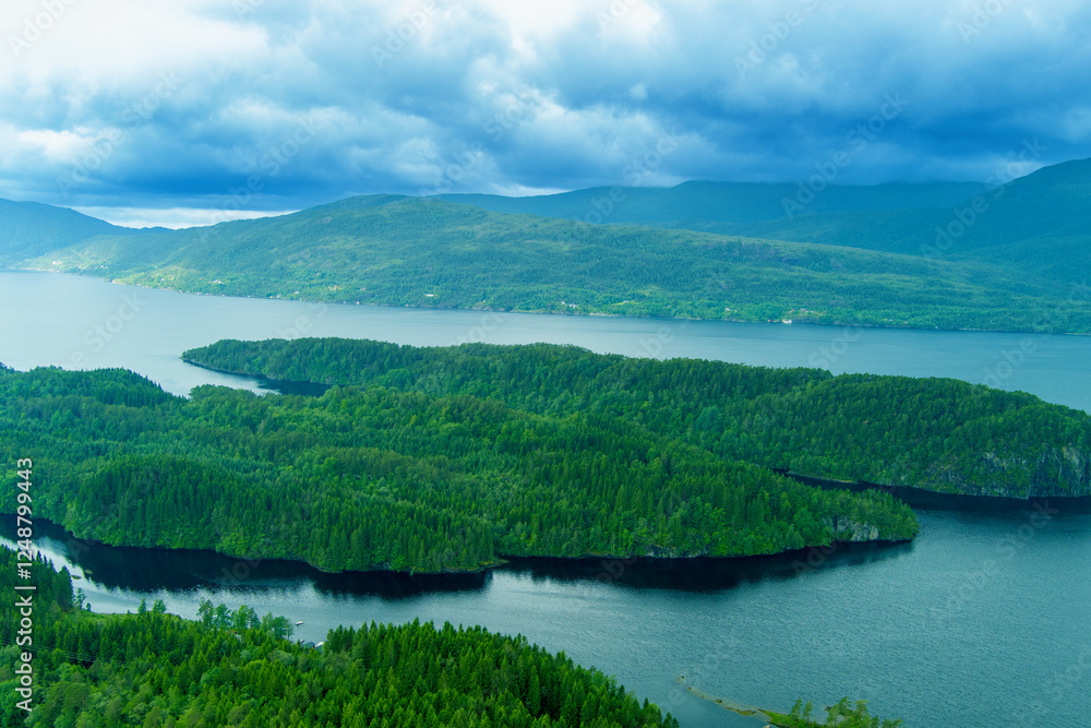 View from above of the bays of Bjornafjord near Tonnegarden and Kollesundet in Homlefjord, Norway, Europe
