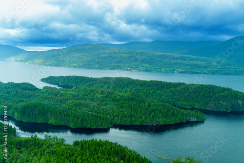Obraz na płótnie View from above of the bays of Bjornafjord near Tonnegarden and Kollesundet in Homlefjord, Norway, Europe w salonie