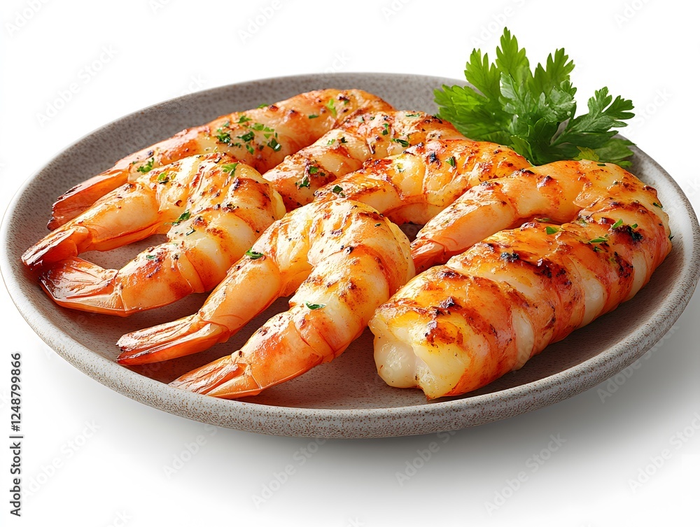 Grilled Shrimp Garnished with Fresh Herbs on a Ceramics Plate Grilled Shrimp Garnished with Fresh Herbs on a Ceramics Plate