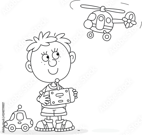 Happy little boy with a remote controller steering a flying toy helicopter, black and white outline vector cartoon illustration for a coloring book