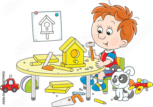 Happy little boy with a tool kit building a small wooden birdhouse, vector cartoon illustration on a white background