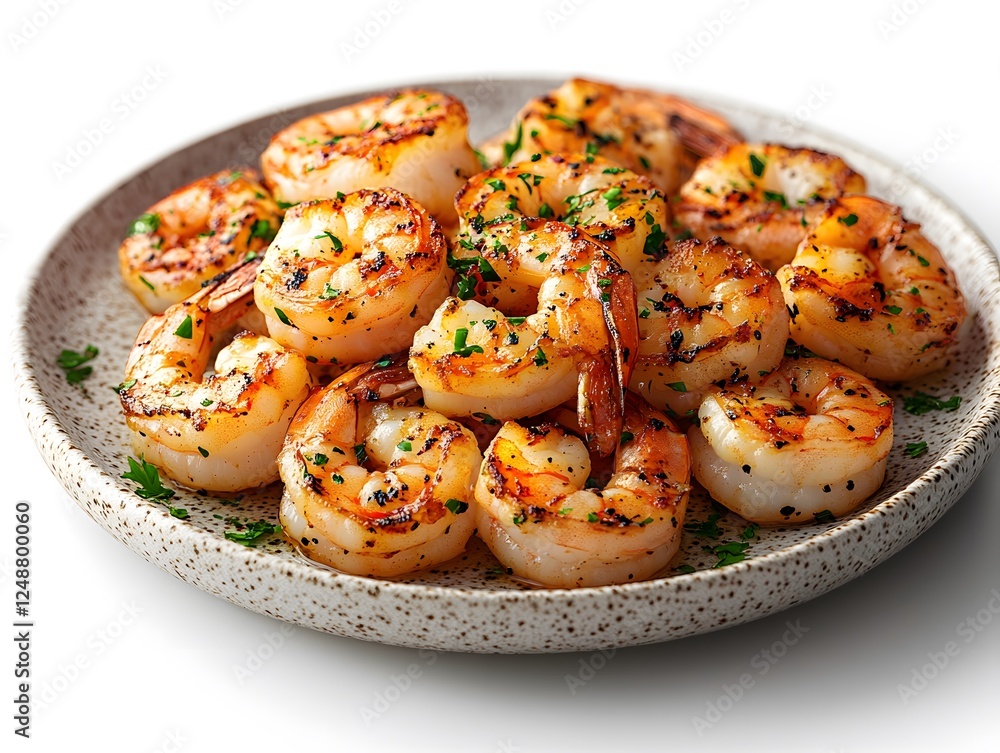 Grilled Shrimp Garnished with Fresh Herbs on a Ceramics Plate Grilled Shrimp Garnished with Fresh Herbs on a Ceramics Plate