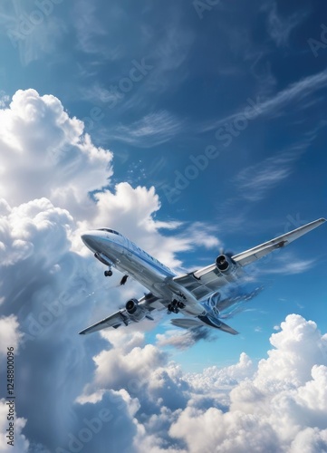 Plane flying through a clear blue sky with white and gray cloud formations, aerial view, blue sky, flight