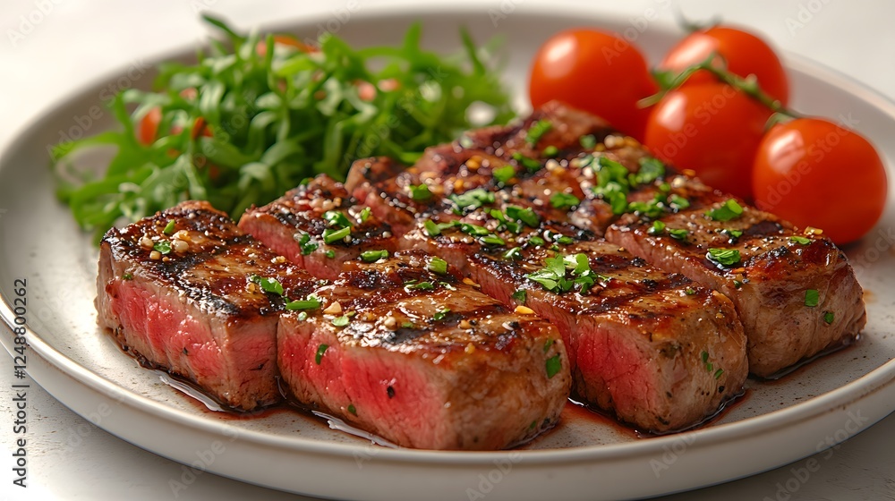Grilled Beef Steak Served with Fresh Herbs and Cherry Tomatoes on a Plate Grilled Beef Steak Served with Fresh Herbs and Cherry Tomatoes on a Plate