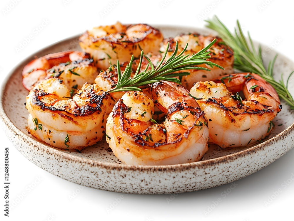 Grilled Shrimp Garnished with Fresh Herbs on a Ceramics Plate Grilled Shrimp Garnished with Fresh Herbs on a Ceramics Plate