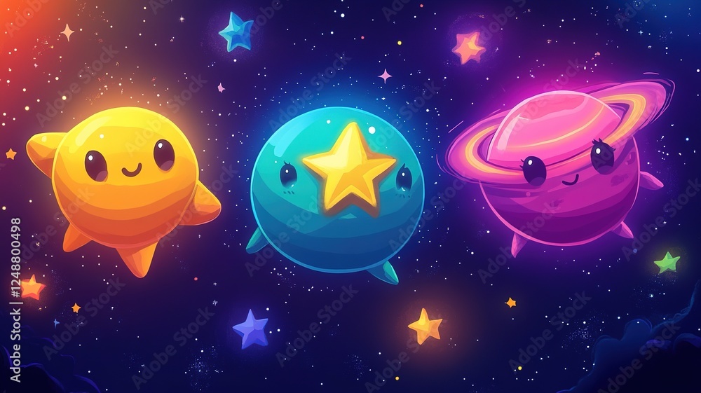 Design a cute and colorful cartoon planet where stars are the main characters, each with different powers tied to their galaxy’s characteristics. Design a cute and colorful cartoon planet where stars are the main characters, each with different powers tied to their galaxy’s characteristics.