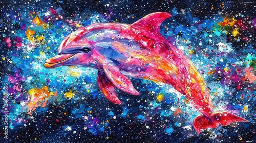 A vivid, colorful depiction of an imaginative dolphin swimming through a cosmic wonderland filled with vibrant stars and galaxies. Copy space for text