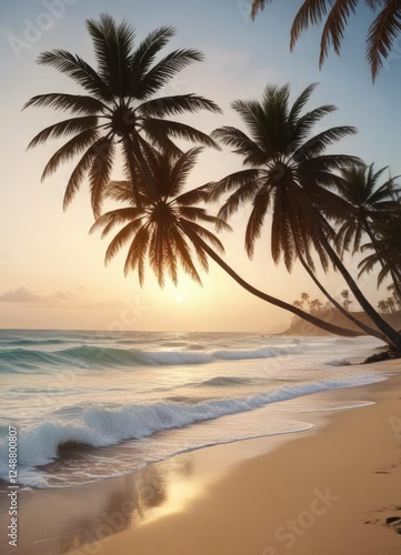 Palm tree silhouettes on sandy beach with ocean waves , abstract art, beach scenery, silhouette