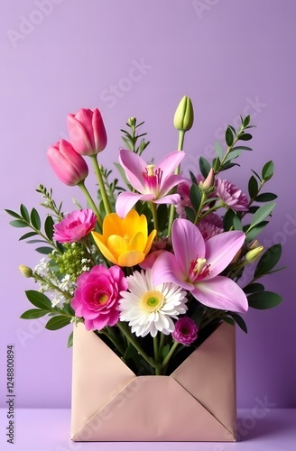 Wallpaper Mural An open envelope with floral arrangements of tulips, roses, carnations, eucalyptus on a white background. The concept of congratulations on March 8th, Birthday. With space for the text. Vertical photo Torontodigital.ca