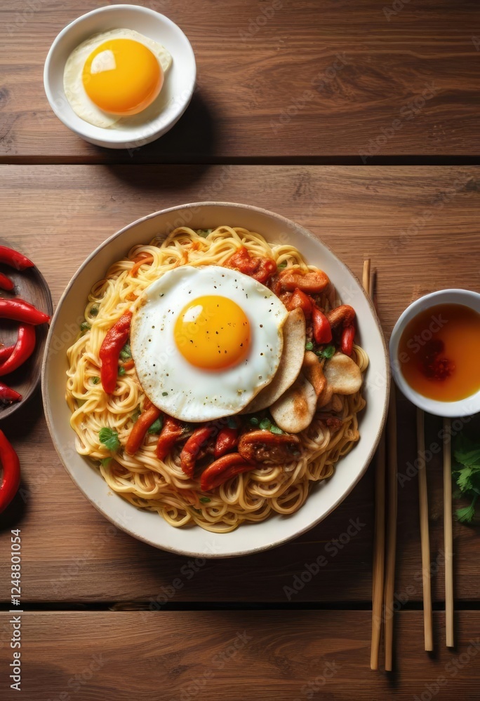 Spicy chili oil noodles and fried egg on wooden table, fried egg, chili oil Spicy chili oil noodles and fried egg on wooden table, fried egg, chili oil