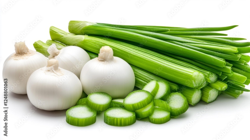 Fresh White Garlic Bulbs and Green Celery Stalks on White. Generative AI Fresh White Garlic Bulbs and Green Celery Stalks on White. Generative AI