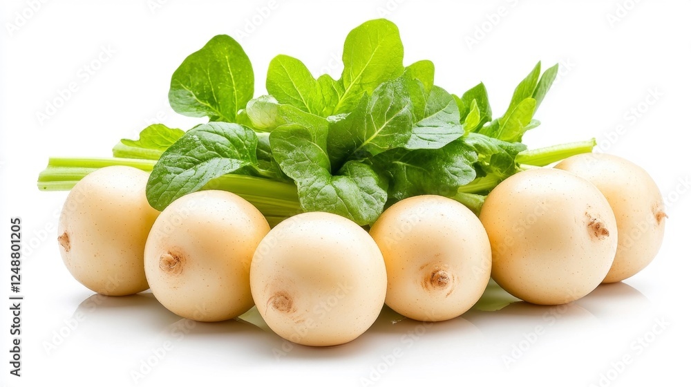 Fresh White Turnips with Green Leaves on White Background. Generative AI Fresh White Turnips with Green Leaves on White Background. Generative AI
