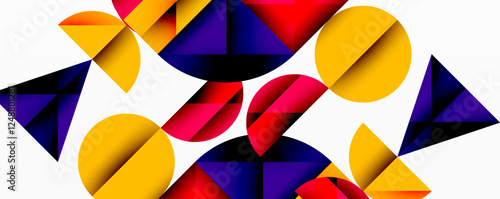 Abstract geometric background with layered gradient shapes forming dynamic patterns. Overlapping semi circles and triangles create depth and contrast