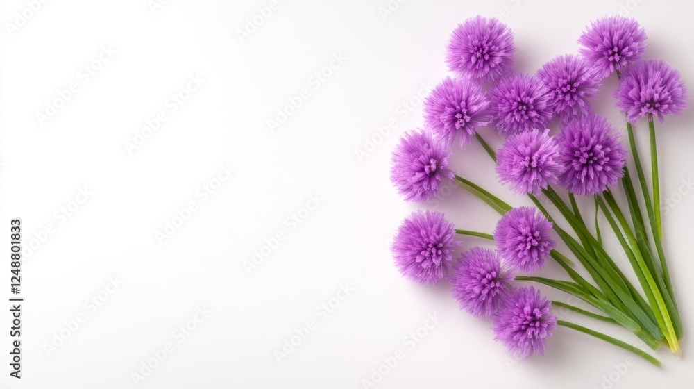 Lush Purple Chive Flowers Laid Out on a White Background. Generative AI Lush Purple Chive Flowers Laid Out on a White Background. Generative AI