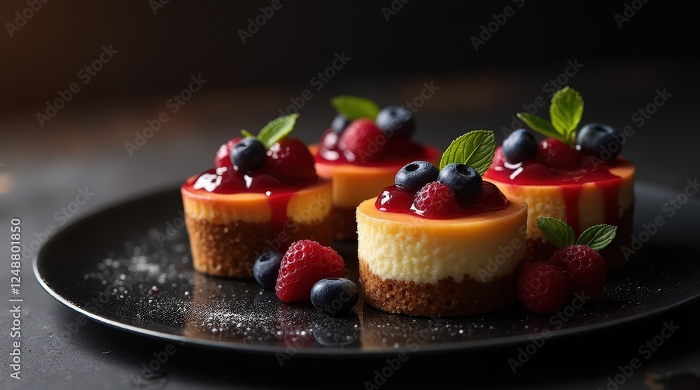 Delightful mini cheesecakes topped with fresh berries and fruit sauces Delightful mini cheesecakes topped with fresh berries and fruit sauces