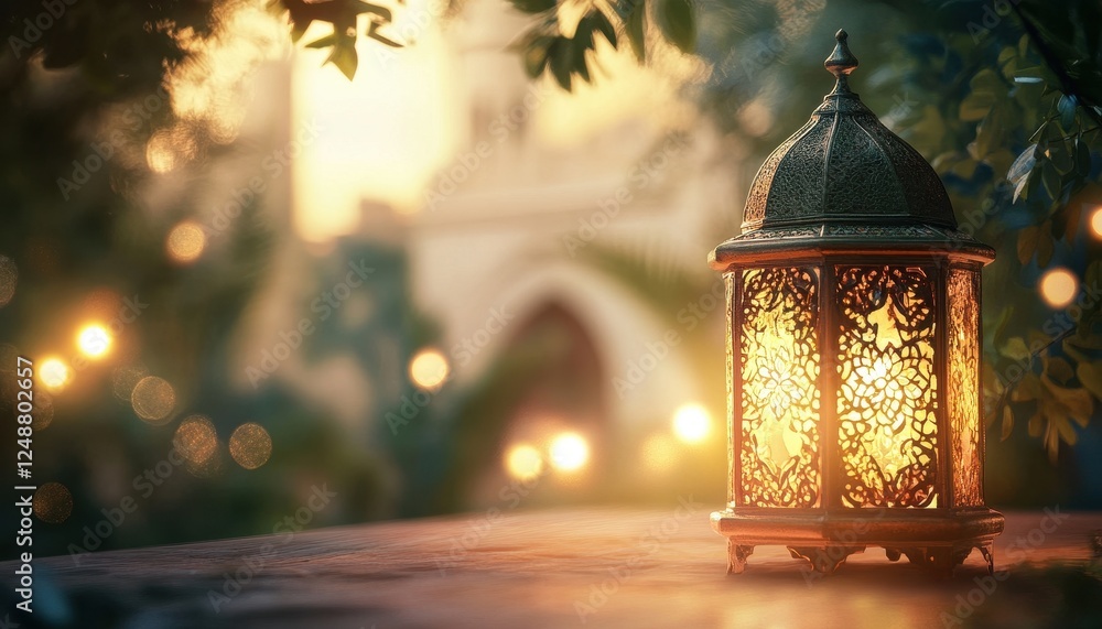 Ornamental Metal Lantern Glowing at Sunset Ornamental Metal Lantern Glowing at Sunset