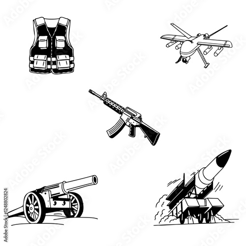 Military attributes, body armor, automatic rifle, howitzer, cruise missile, drone. Set of vector monochrome sketches with tile line art