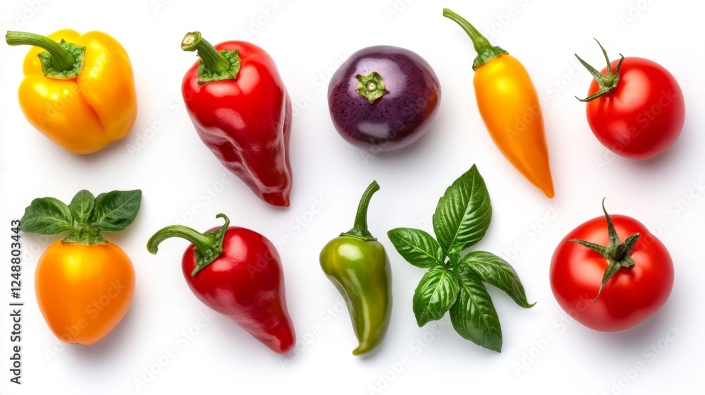 Colorful Peppers and Tomatoes Isolated on White. Generative AI Colorful Peppers and Tomatoes Isolated on White. Generative AI