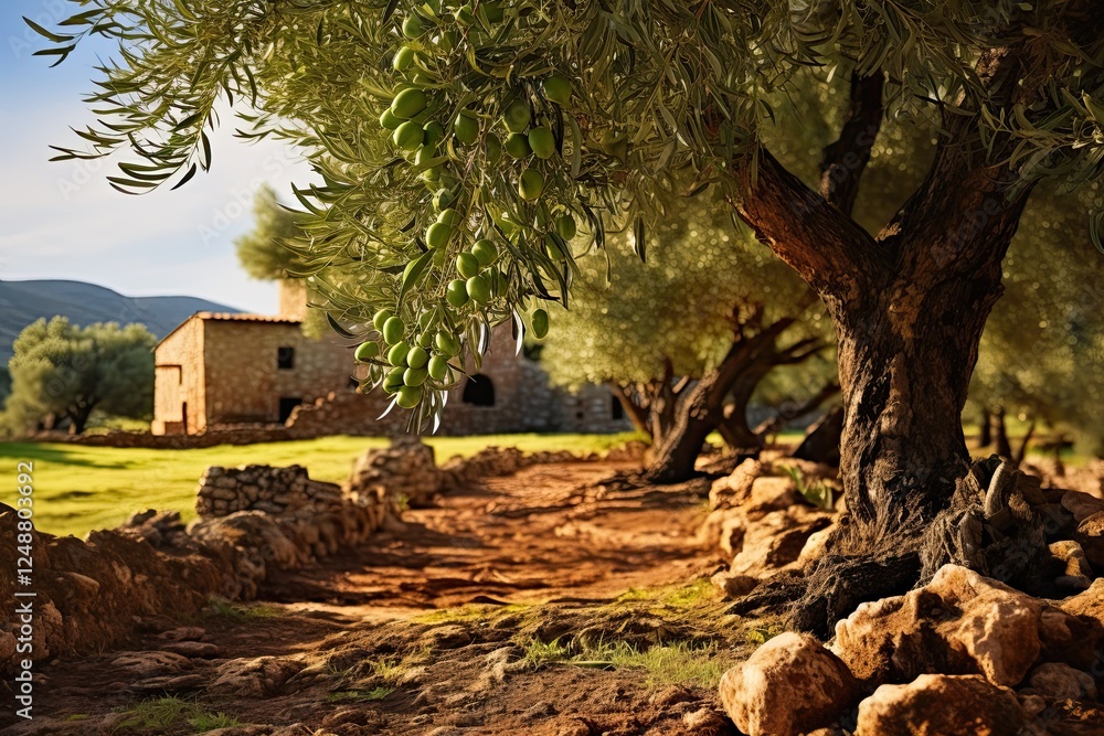 Fototapeta premium Olive trees abundant with olives await harvest for extra virgin olive oil