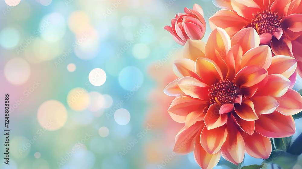 Fototapeta premium A vibrant dahlia illustration is set against a blurred, bokeh background.