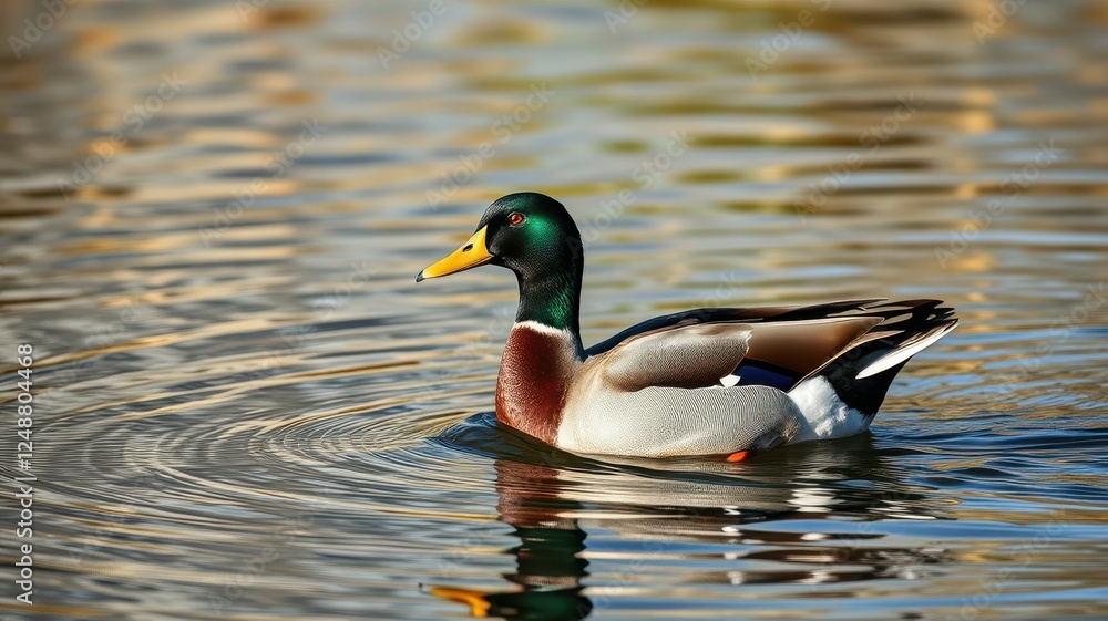 Colorful mallard duck swimming peacefully in a serene pond during golden hour light Colorful mallard duck swimming peacefully in a serene pond during golden hour light