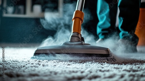 Vacuum cleaning a carpet, emphasizing efficiency and cleanliness. photo