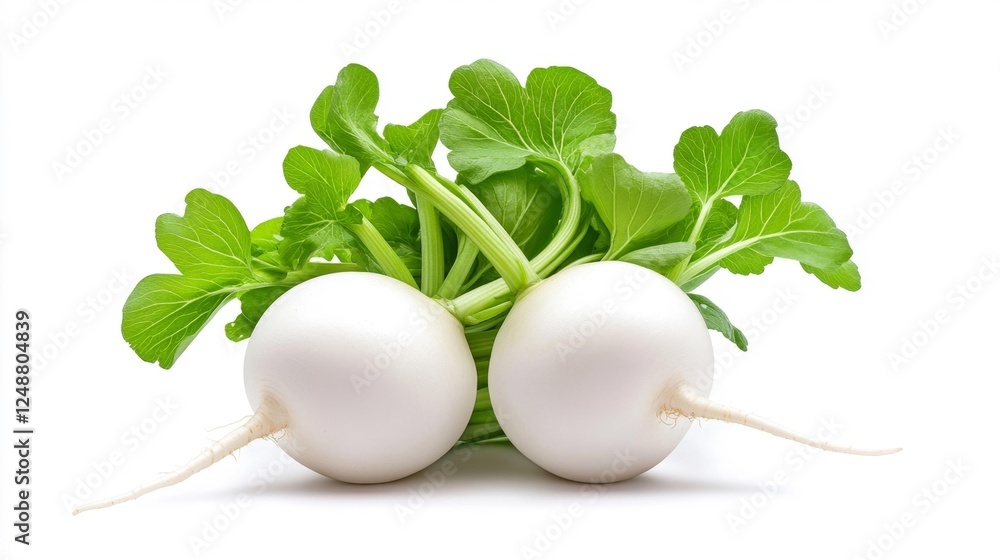 Fresh White Turnips with Green Leaves Isolated on White. Generative AI Fresh White Turnips with Green Leaves Isolated on White. Generative AI