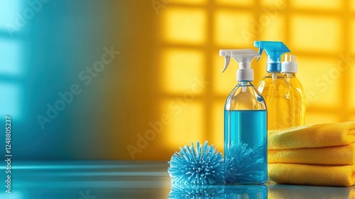 Blue spray bottles and towels for cleaning supplies set. photo