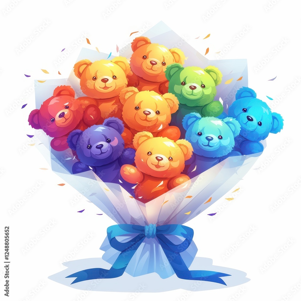 Naklejka premium Colorful Teddy Bear Bouquet Gift Rainbow Toys Celebration