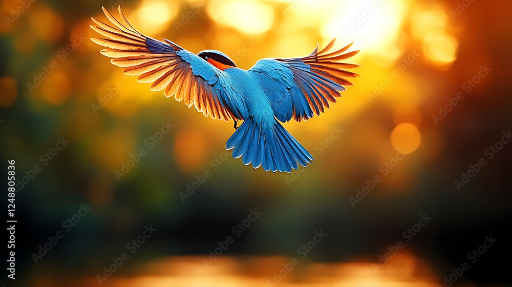 Obraz premium Flying Kingfisher At Sunset