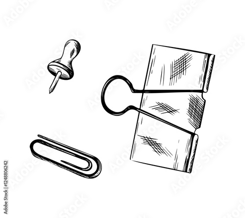 Vector illustration of office supplies. Outline Set of binder clips, paper clips and pushpins in monochrome. Hand drawn Engraving design for office, organization, stationery themes