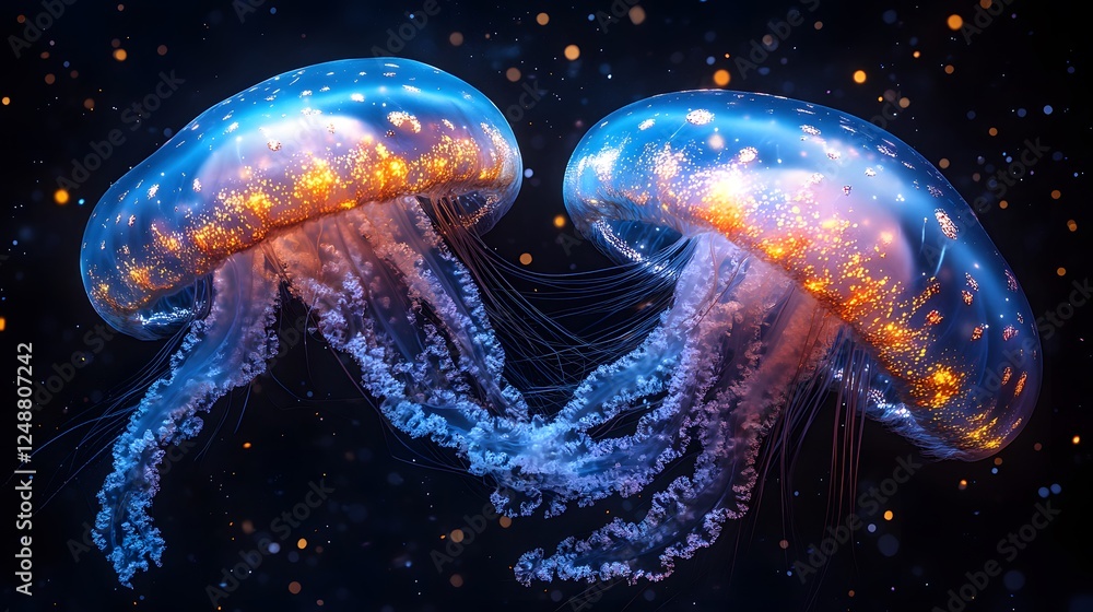 Vivid Bioluminescent Jellyfish Glowing Underwater in a Mesmerizing Deep-Sea Display
Vivid Bioluminescent Jellyfish Glowing Underwater in a Mesmerizing Deep-Sea Display