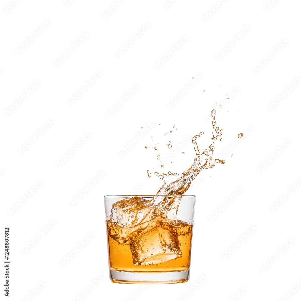 Whiskey splash in a glass with ice cubes, on a white isolated background. Whiskey splash in a glass with ice cubes, on a white isolated background.
