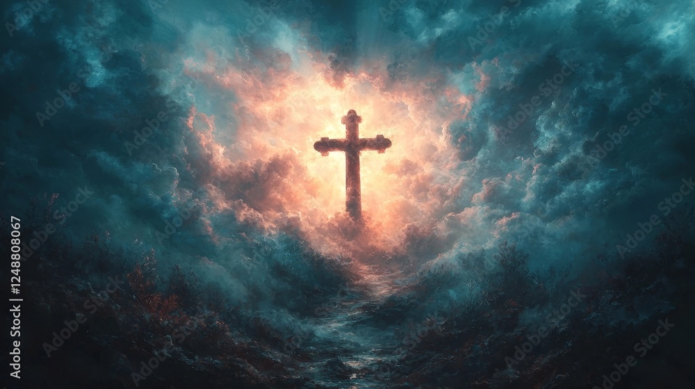 A Dramatic Depiction of a Cross Illuminated in a Stormy Heavenly Sky A Dramatic Depiction of a Cross Illuminated in a Stormy Heavenly Sky