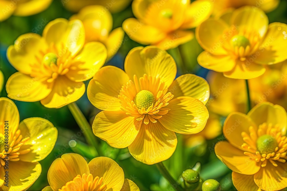 Fototapeta premium Yellow buttercup flowers in sunlight delicate flower wallpaper concept