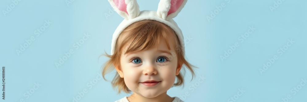 Cute toddler wearing bunny ears smiling against a light blue background during springtime celebration Cute toddler wearing bunny ears smiling against a light blue background during springtime celebration