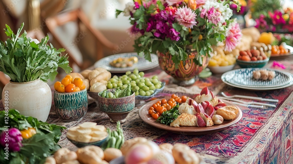 Festive Nowruz table with traditional dishes, fresh herbs, colorful fruits, and floral decorations for a cultural celebration Festive Nowruz table with traditional dishes, fresh herbs, colorful fruits, and floral decorations for a cultural celebration