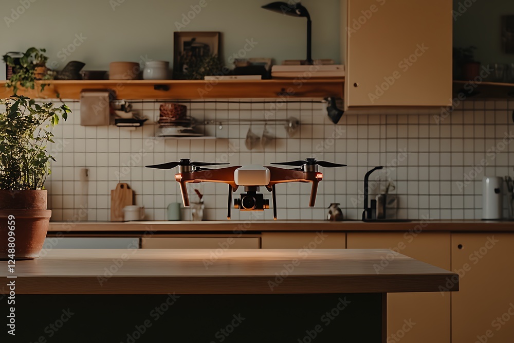 Drone Hovers Gracefully Above a Kitchen Counter Drone Hovers Gracefully Above a Kitchen Counter