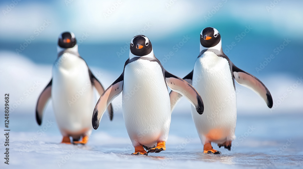Obraz premium Three curious penguins waddle across icy shores of Antarctica while gazing directly at the camera, surrounded by the beautiful blue ocean waves in the background