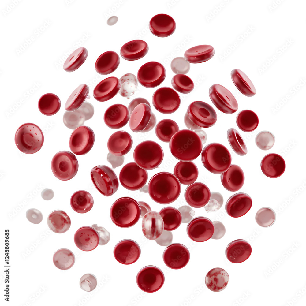 A close-up view of red blood cells suspended in mid-air against a black background. A close-up view of red blood cells suspended in mid-air against a black background.