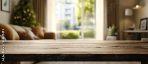 Cozy living room with wooden table and festive decor