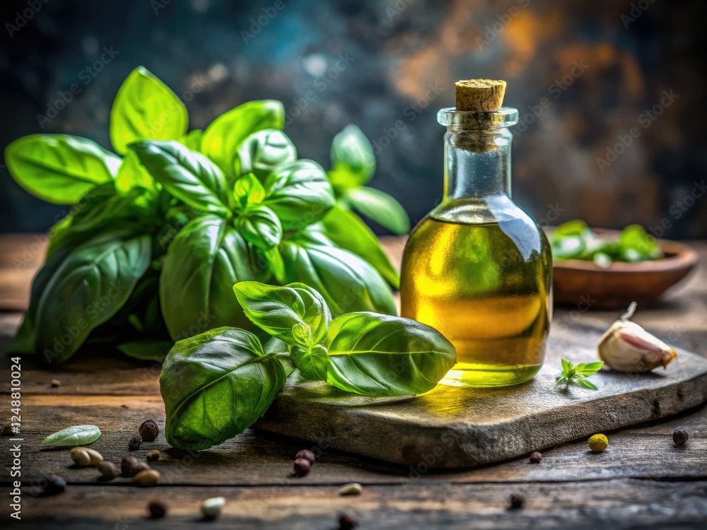 Rustic concrete tabletop: Basil leaves and olive oil, a simple, elegant still life. Rustic concrete tabletop: Basil leaves and olive oil, a simple, elegant still life.