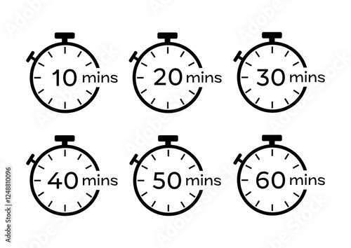 Timer, clock, stopwatch set. Vector timer icon 10, 20, 30, 40, 50, 60 min.